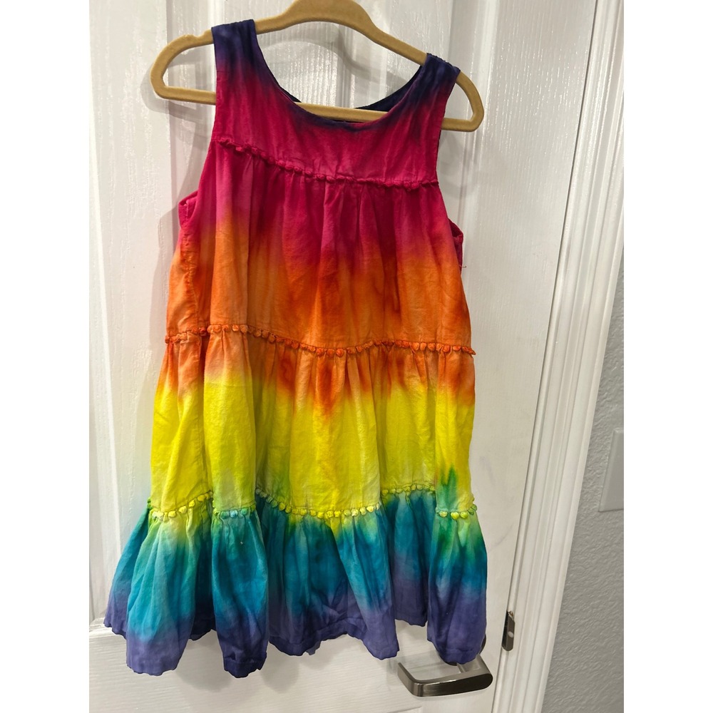 Pandemonium Tiered Dress Rainbow Tie Dye Pom Pom Trim Summer Festival Bin A